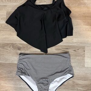 Bathing suit: Black Ruffle Top with Striped High-Waisted Bottoms